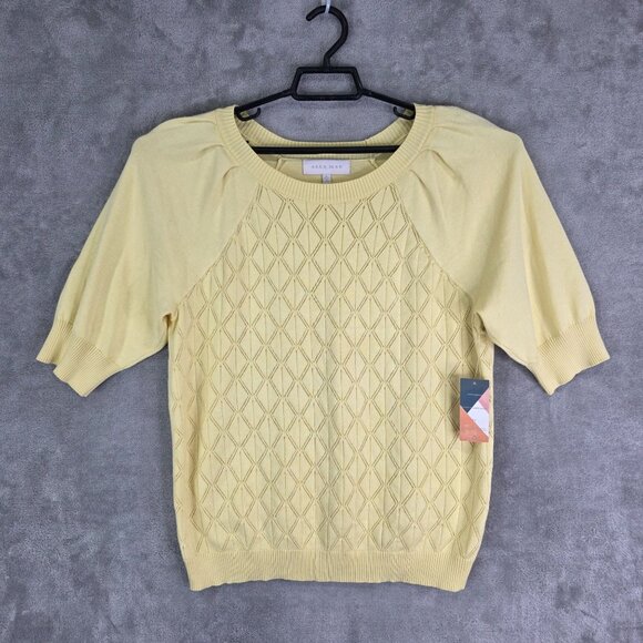 Womens Yellow Ally Mae Knit Blouse Top Round Neck Puff Sleeve Size XL - Picture 2 of 10